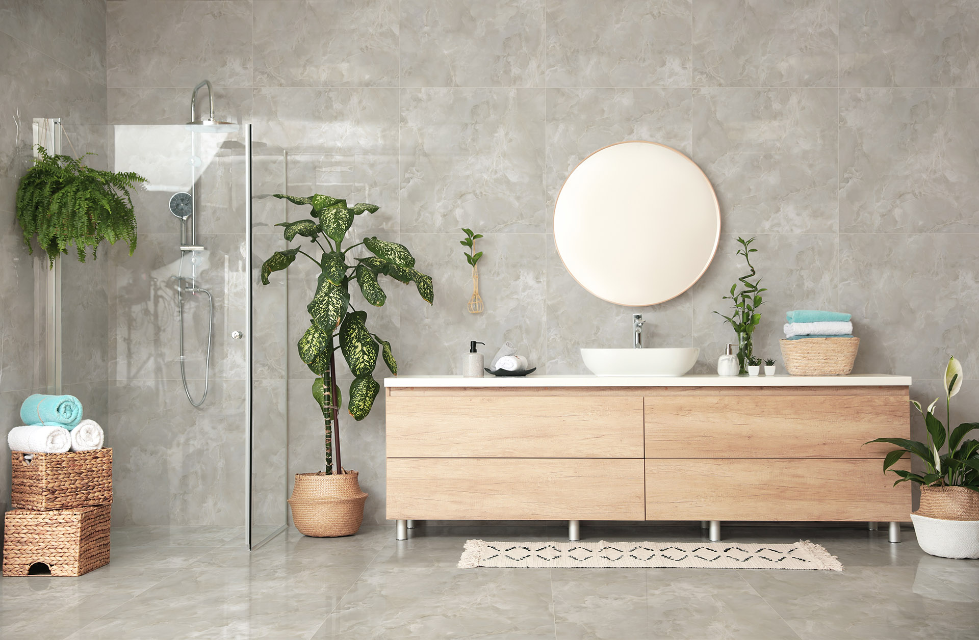 Green plants in elegant modern bathroom. Interior design